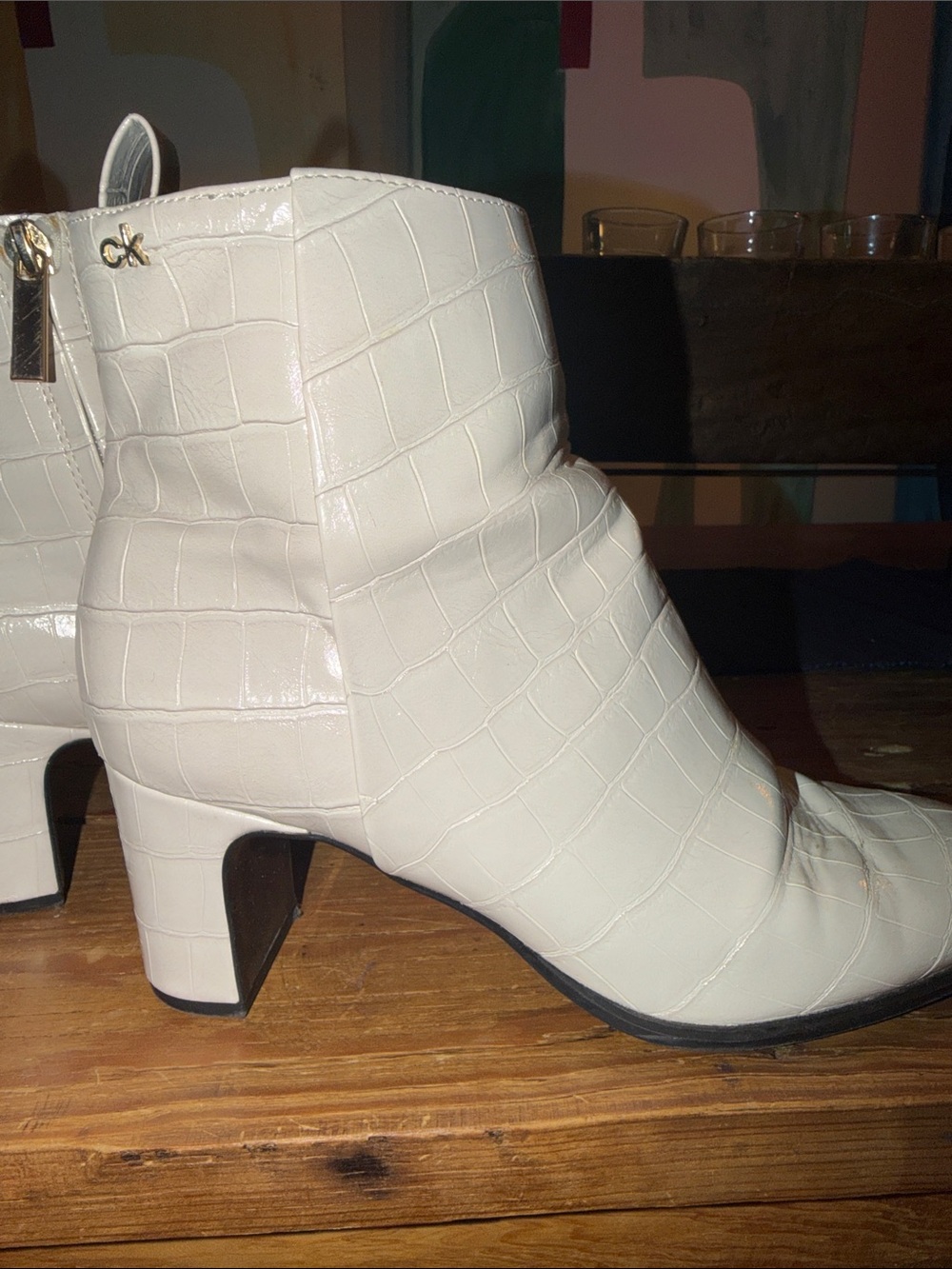 Women’s White Cream Croc-Embossed Block Heel Ankle Boots CALVIN KLEIN - Picture 5 of 9
